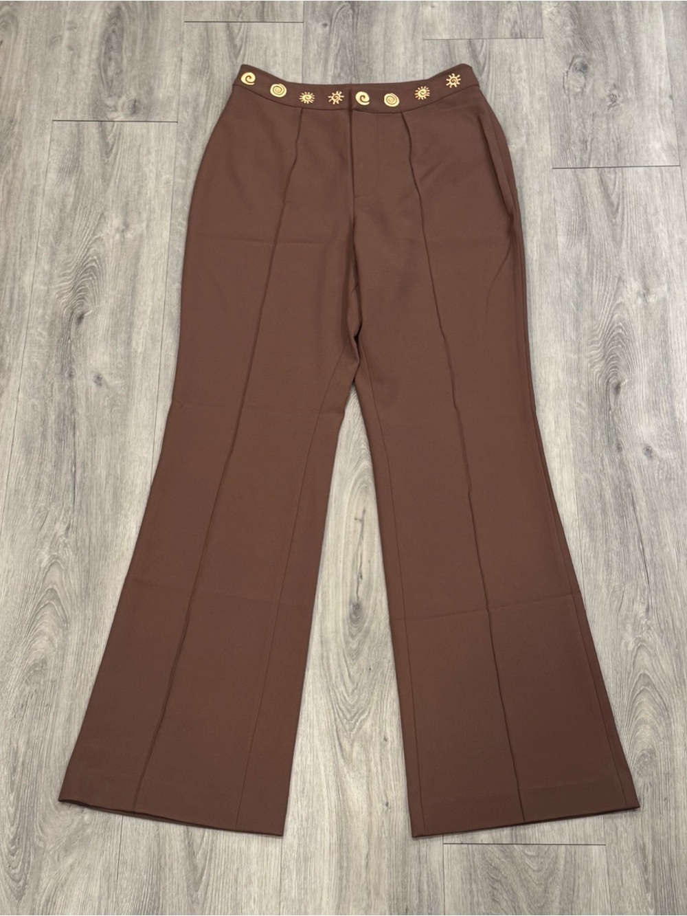 The Wolf Gang Brown Wide Leg Flare Pleated Trousers with Embroidered Gold Detail